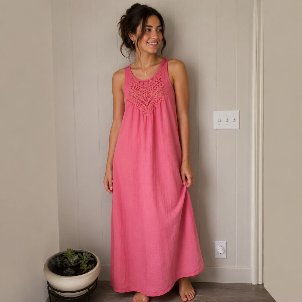 Faroro Pink Salmon Maxi Dress Large Boho Crochet Macrame Sleeveless Beach Resort